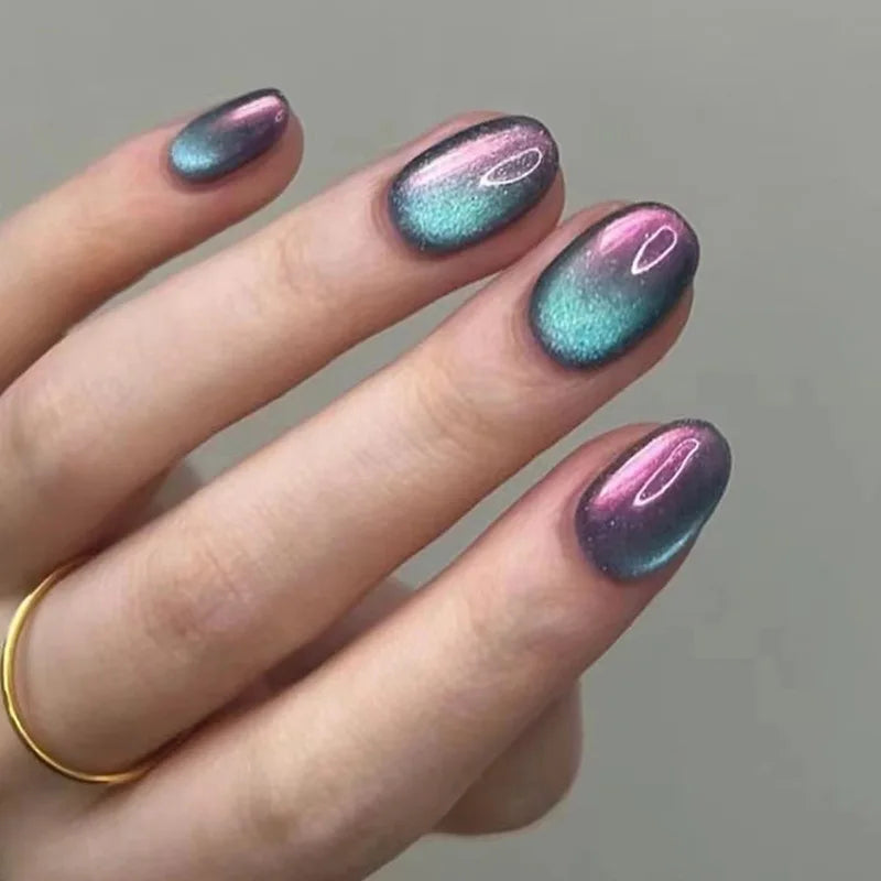 Hnewly 24Pcs Solid Color Grey Almond Fake Nail Cat's Eye Design Wearable Round Head False Nails with Shiny Powder Press on Nails