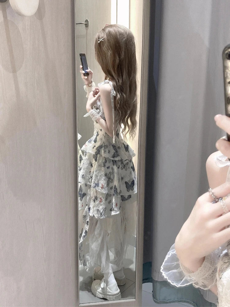 Hnewly Vintage 2000s Y2k Irregular Midi Dress Female Short Party japanese Print Sleeveless Dress One Piece Dress Korean Fashion Summer