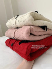 Hnewly  Korean Spring Autumn Bow Sweater  Single Breasted O-Neck  Chic Dot Knitted Cardigans Fashion Casual Long Sleeve Outerwear Top