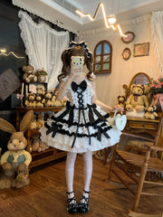 Hnewly  Lolita Original Sweet JSK Dress Women Summer Elegant Bow Dot Printed Short Suspender Dress