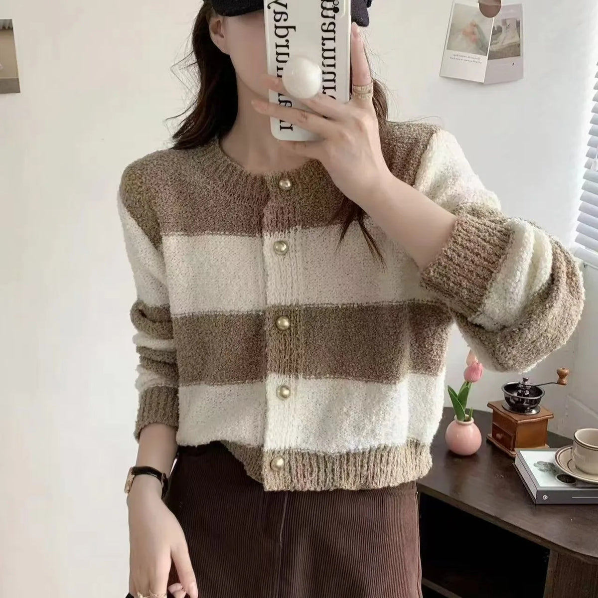 Hnewly  Women's Acrylic Long Sleeve O-Neck Button-Down Striped Cropped Knit Cardigan Ladies Autumn Winter Korean Fashion Knitwear