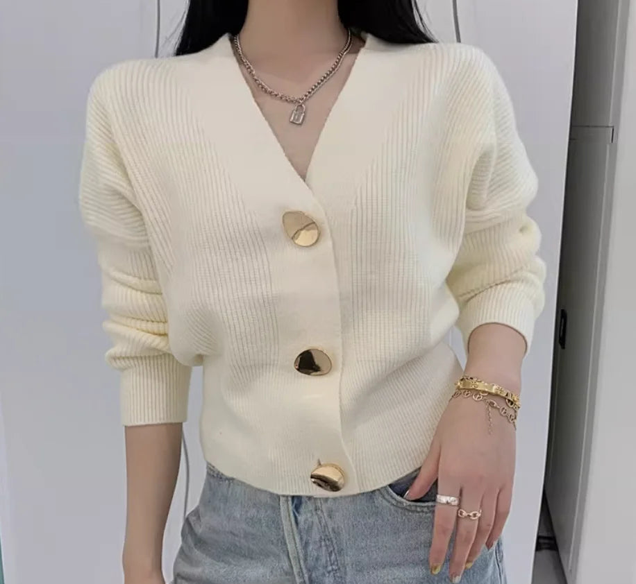 Hnewly  Metallic Gold Button Cardigan Women Rib Knit Long Sleeve V-neck Button-up Crop Jacket Korean Fashion Fall Winter Outfit