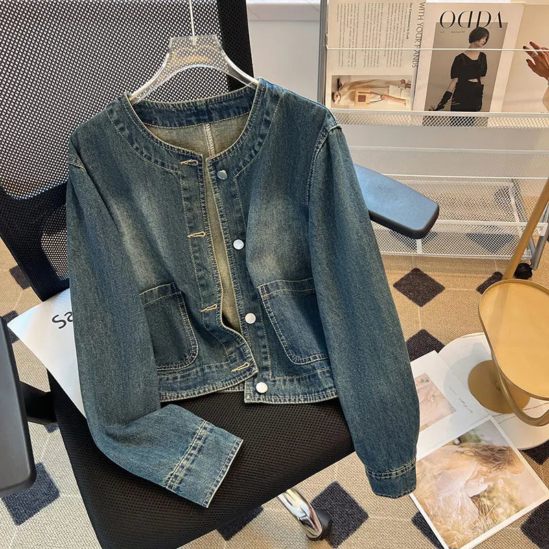 Hnewly  Light Blue Retro Denim Jacket Women's Spring Single Breasted Loose Cardigan Short Top Autumn O-Neck Long Sleeve All-Matched Top