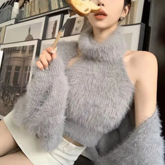 Hnewly  Simple Long Sleeve Knitted Cardigan Coat Women Turtleneck Slim Fit Vest Autumn Winter New Waterproof Mink Two Piece Sets