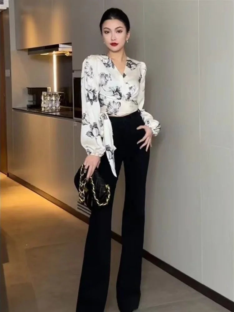 Hnewly Women's Blouse Sexy Asymmetrical Cool Floral Beautiful Top Ruffle Chiffon Trends Satin Shirt Woman Youth Casual
