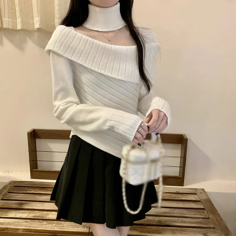 Hnewly Sweater y2k Clothes Women Coquette Off Shoulder Long Sleeve Irregular Hem Knitted Halter Tops 2000s Clothing Streetwear