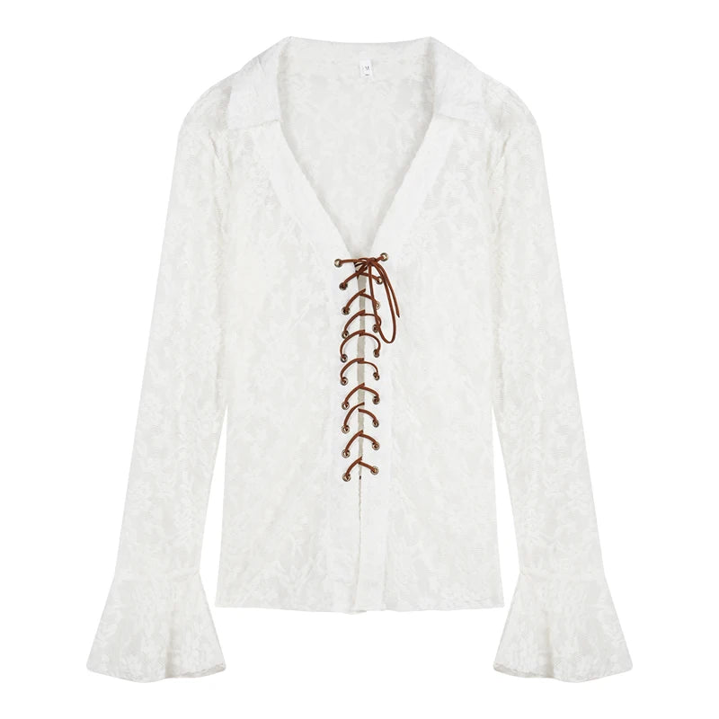 Hnewly Fairycore Shirt Lace Tops Women Aesthetic Clothes Sheer V-Neck Turn-Down Collar Cross Tie-Up Blouses 2000s Streetwear