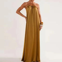 Hnewly  Ladies Casual Hanging Neck Hollow Solid Color Dress Summer Loose Swing Vacation Dress Sexy Backless Hollow Out Robe Dresses