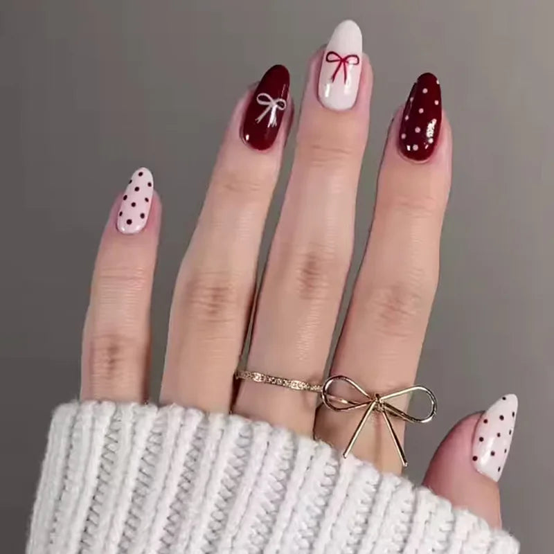 Hnewly 24Pcs Cat Eye Press on Nails with Almond Head Bow Diamond Stick on False Nail Sweet Pink French Full Cover Artificial Nails Tips