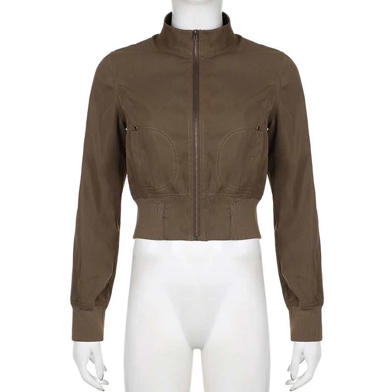 Hnewly Vintage Cropped Jackets Women Stand Collar Solid Color Casual Coats Slim Pocket Zip Up Harajuku Safari Style Outwear