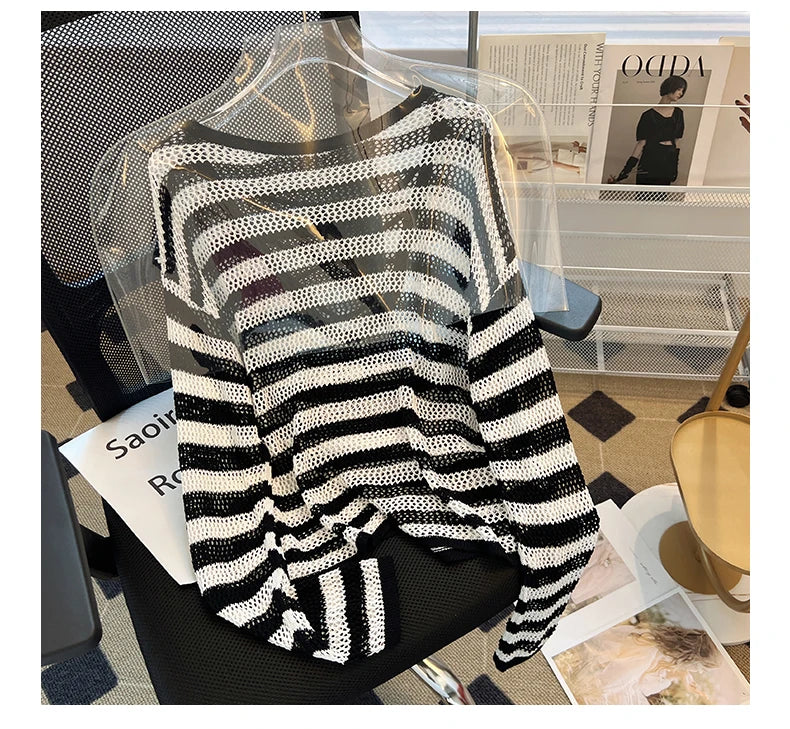 Hnewly Black White Striped Ice Silk Knitted Sweater Women Long Sleeved Loose Lazy Style Mesh Pullover Spicy Girl Hollow Out Top