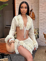 Hnewly Crochet Tassel 2 Piece Set Women  Lace-Up Cardigan Full Sleeve Crop Tops+Irregular Slits Mini Skirt Sexy Hipster Suit
