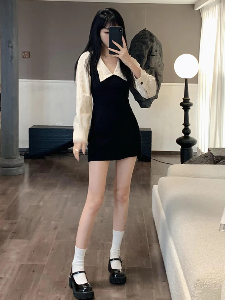Hnewly Preppy Long Sleeve Mini Dresses for Women Korean Fashion Style Cute Sexy Peter Pan Collar A-line Fake 2 Pcs Casual Vestidos Chic