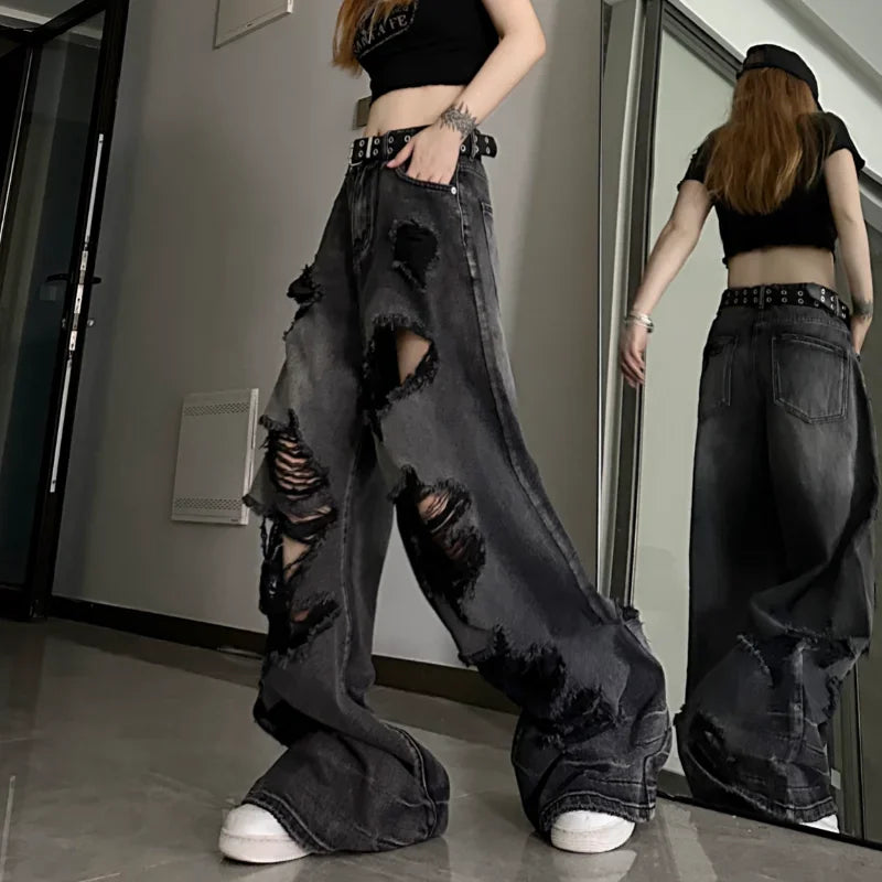 Hnewly Women's Distressed Design Wide Leg Hole Jeans Summer New Street Unisex Style Trousers Loose High Waist Straight Denim Pants