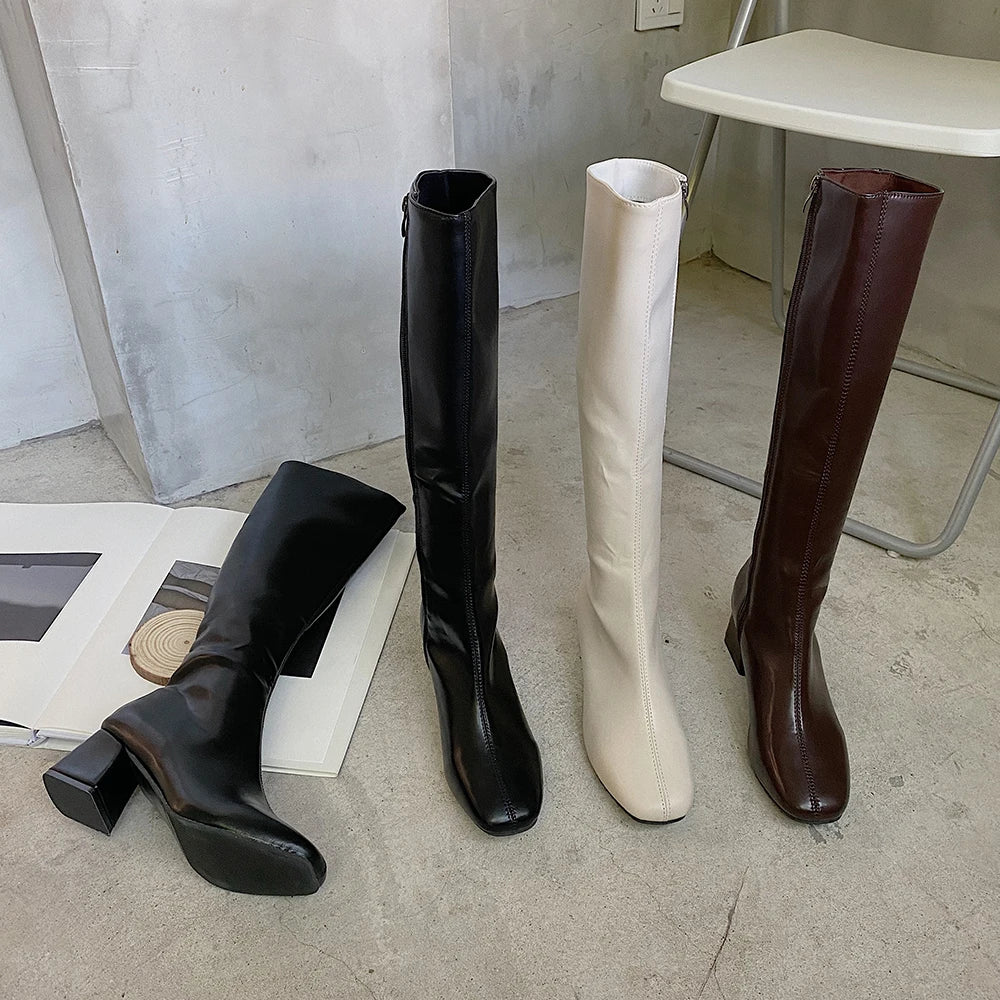 Hnewly Knee-length Boots Women Women's Rubber Shoes Sexy Square Heel Thigh High Heels Luxury Winter Heeled Booties Black