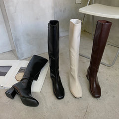 Hnewly Knee-length Boots Women Women's Rubber Shoes Sexy Square Heel Thigh High Heels Luxury Winter Heeled Booties Black