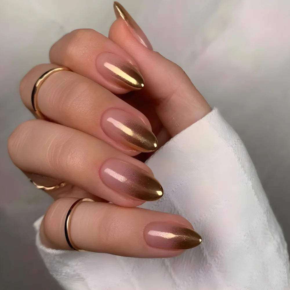 Hnewly 24Pcs Solid Color Grey Almond Fake Nail Cat's Eye Design Wearable Round Head False Nails with Shiny Powder Press on Nails