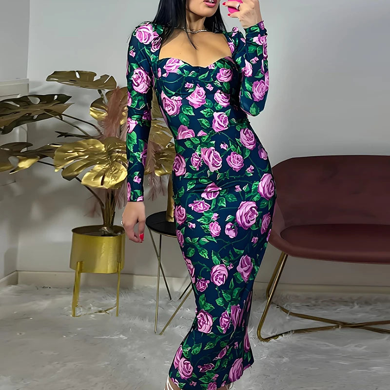 Hnewly  Flower Print Slim Commuter Dress Spring Summer Women Square Neck Long Sleeved Party Dress New Fashion High Waisted Maxi Dresses