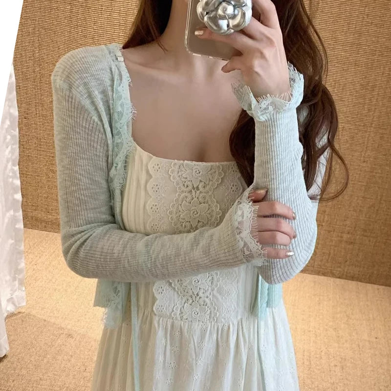 Hnewly  Lace Trim Tie Up Knit Top for Women Sheer Knitted Crop Cardigan Long Sleeve Open Jacket Teen-girl Y2K Sweetgirl Cute Outfit