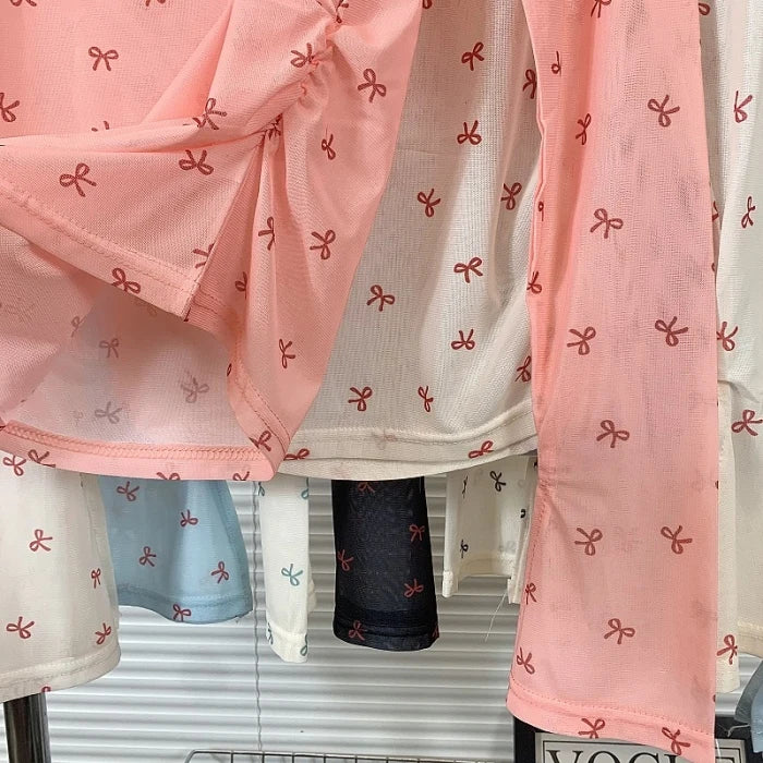 Hnewly Pink Bow Printed Long Sleeved T-shirt Women's Spring  Summer Sun Protection Top Korean Version Round Neck Slim Fit Versatile Tee