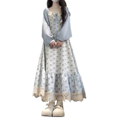 Hnewly  Summer New Lace Splicing College Style Gentle Waist Cinching Slimming Doll Collar Floral Print Dress High Waist A-Line S...