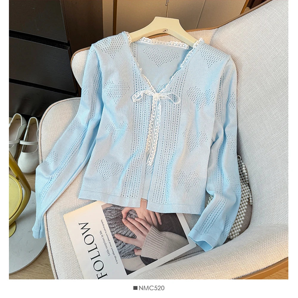 Hnewly  Sweet Lace Trim Heart Hollow Knit Cardigan Women's V-Neck Long Sleeve Early Autumn Bow Tie Loose Fit Female Short Tops