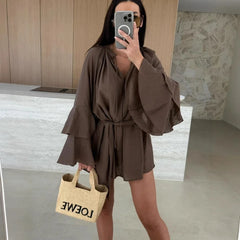 Hnewly  Women's Fashion V-neck Solid Color Elegant Long Sleeve Mini Dresses Women Fashion Irregular Loose Ruffle Holiday Mini Dress
