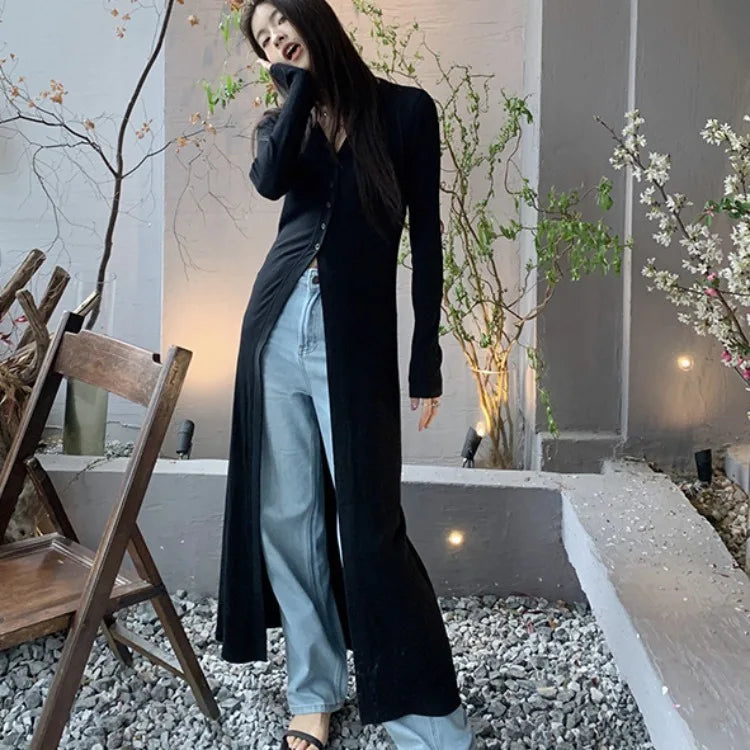 Hnewly Lazy Fashion V-neck Black Cardigan Mujer Y2k E-Girl Long Sleeve Sun Protection Coat Women Mid-length All-match Tops Dress