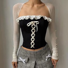 Hnewly Contrast Ruched Bandage Corset Top Vintage 2000s Strapless Cropped Tops for Women Y2k Elegant Ladies Summer Vest Harajuku