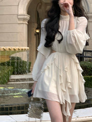 Hnewly Beach Style Chiffon Y2k Mini Dress Office Lady Casual Long Sleeve Elegant One Piece Dress Korean Fashion Clothing Summer