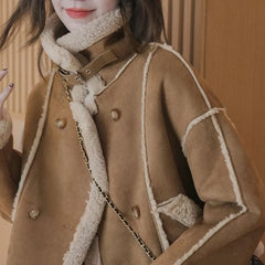 Hnewly  New Arrival Women's Short Lamb Motorcycle Jacket Fall Winter Oversized Faux Fur Lined Warm Thickened Casual Coat