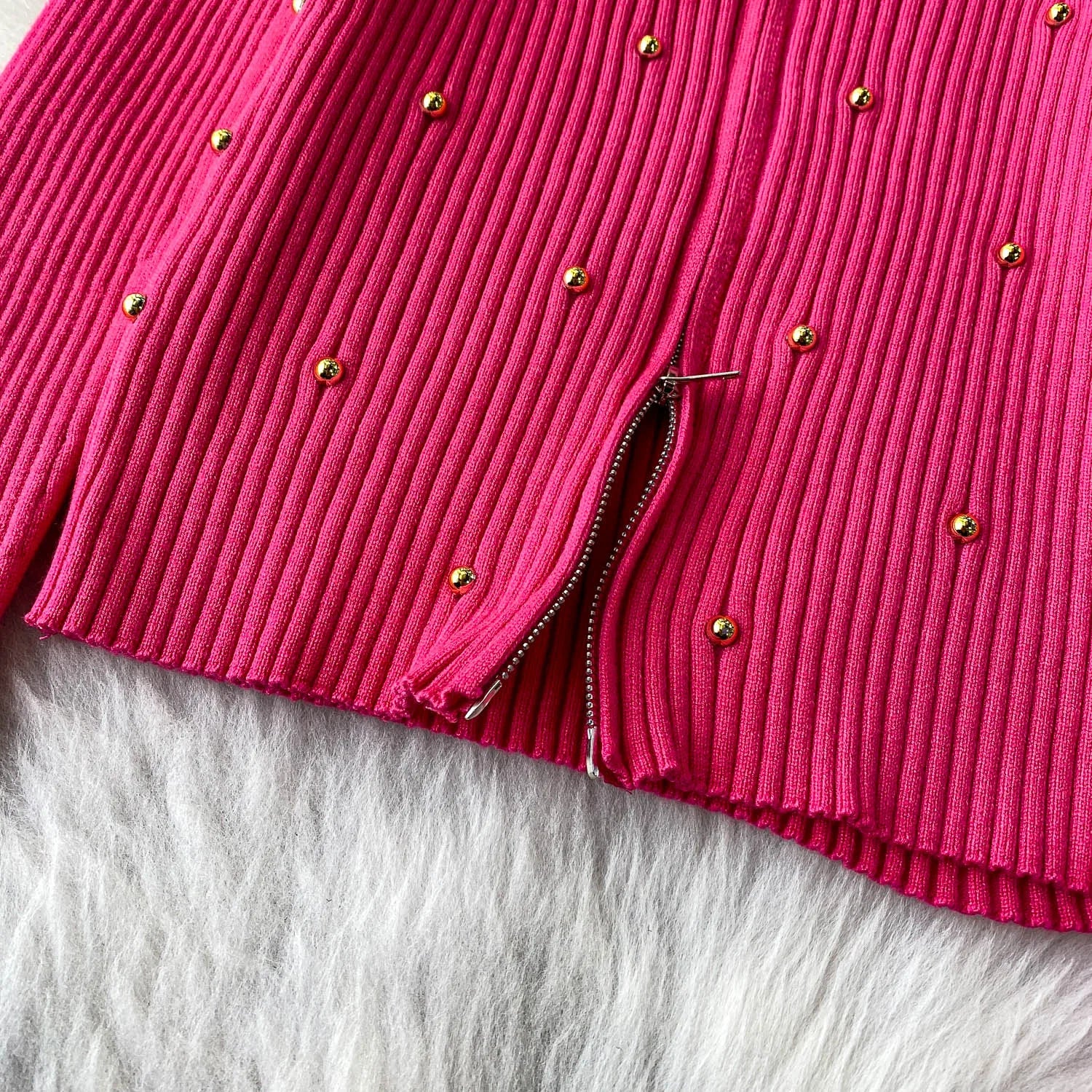 Hnewly  Beading Knitted Striped Zippered Sweater Cardigan Women's Spring Autumn O-Neck Top New Loose Harajuku Long Sleeved Outwear