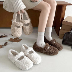 Lunivop  White French Mary Jane flat-bottomed fluffy shoes for women's new autumn and winter warm-soled beanie cotton shoes