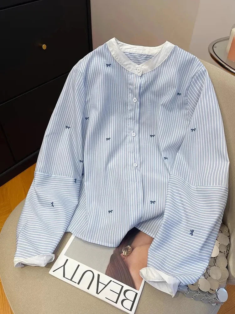 Hnewly Cute Bow Print Striped Shirt Women O Neck Long Sleeve Vintage Blouse Casual Loose Korean Sweet Female Fall New Retro Tops