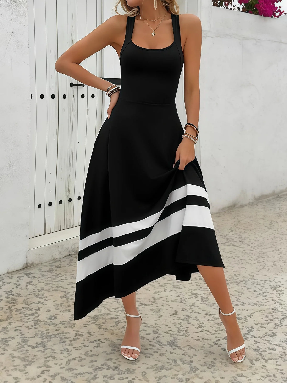 Hnewly  Summer Women's Color Block Sleeveless U-Neck Cross Back Black White Long Dress Fashionable Casual Maxi Gown