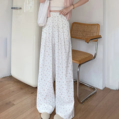 Hnewly  Cute Little Flower Long Pant for Woman Clothes Elastic High Waist Straight Trousers Summer Sweet Casual Cotton Pants New Women