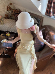 Hnewly  Elegant Dresses Women Sleeveless Ruffles Patchwork Split Bandage Summer Fashion Sweet Female Dress Holiday Casual