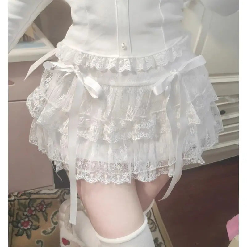 Hnewly  Sweet Kawaii Skirts Women Lolita Coquette Lace Bow Patchwork Mini Skirt White High Waist Cute Summer A-line Short Skirt