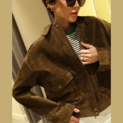 Hnewly  Vintage Women's  Trucker Jackets Solid Lapel Long Sleeves Zipper Pockets Coats Female Autumn Fashion Lady Street Outwears