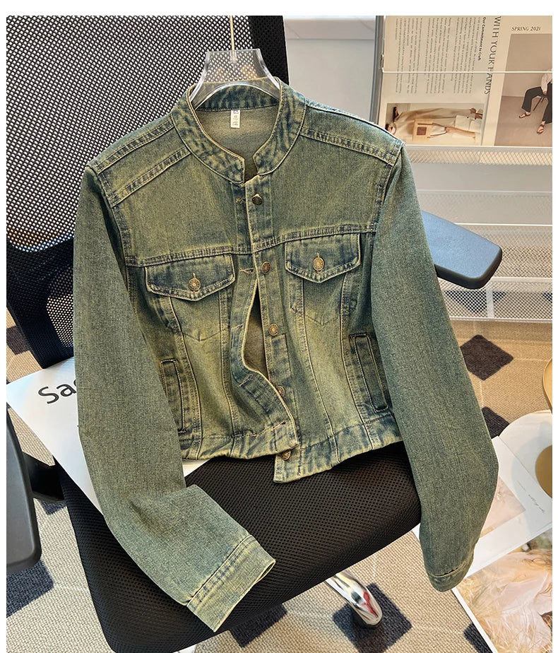 Hnewly  Fashion Denim Jacket Loose Casual Retro Jeans Short Coat Women's Spring Autumn Elegant Korean Standing Collar Long Sleeve Top