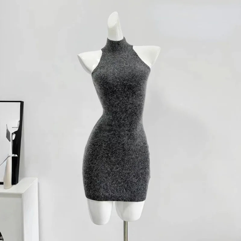 Hnewly Autumn Elegant Knitted Suit Woman Korean Fashion 2 Piece Set Sexy Sleeveless Slim Mini Dress + Casual Short Cardigan Chic