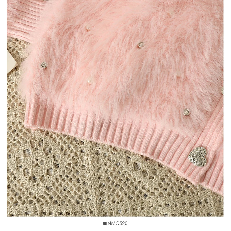 Hnewly  Heart Button Plush Soft Sweater Coat Autumn/Winter New Women's Fashion Shiny Diamond V-Neck Short Knitted Cardigan Top