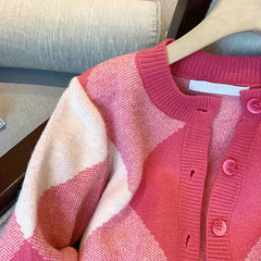 Hnewly  Pink Sweater Women's Spring Autumn French Vintage Knitted Cardigan Top Long Sleeve O-Neck Single Breasted Versatile Coat