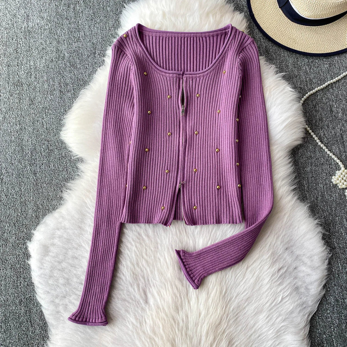 Hnewly  Beading Knitted Striped Zippered Sweater Cardigan Women's Spring Autumn O-Neck Top New Loose Harajuku Long Sleeved Outwear