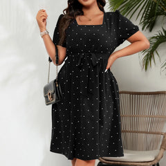Hnewly  Plus Size Ladies Elegant Retro Polka Dot Waist Tie Square Neck Dress Classic Fashion Summer Short Sleeve Vacation A-line Skirt