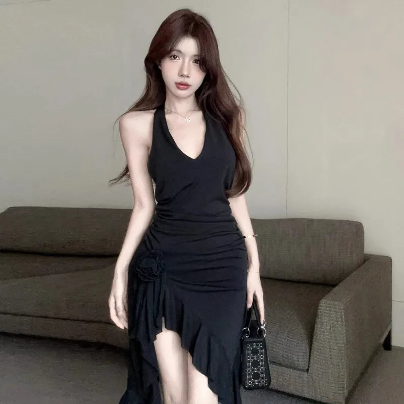 Hnewly  Woman Dress Sexy Sleeveless Slim Backless Irregular Ruffles Split Summer Fashion Temperament Party Dresses Female