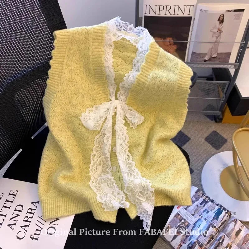 Hnewly  Elegant Lace Bow Sweater Vest Women's 2025 New Spring Autumn Sleeveless V-neck Knitted Pullover Korean Version Versatile Top