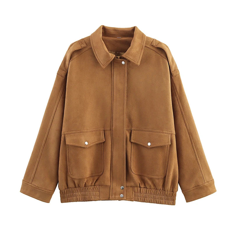 Hnewly  Vintage Women's  Trucker Jackets Solid Lapel Long Sleeves Zipper Pockets Coats Female Autumn Fashion Lady Street Outwears
