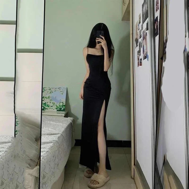Hnewly Black Spaghetti Strap Women's Dress Summer Sexy Tight Side Split Long Dresses Female Elegant Bodycon Maxi Dress