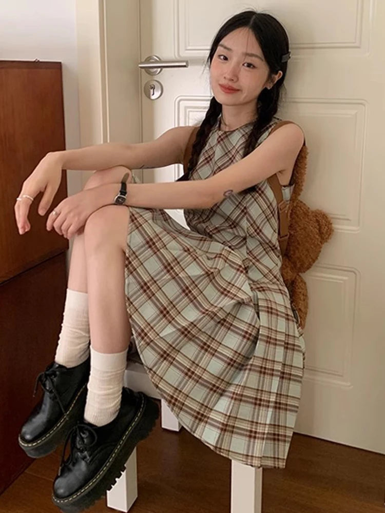 Hnewly Cute Casual Plaid Dress Women Sweet Japan Preppy Style Mini Dress Vintage Slim Female O Neck Sleeveless Kawaii Vestidos New